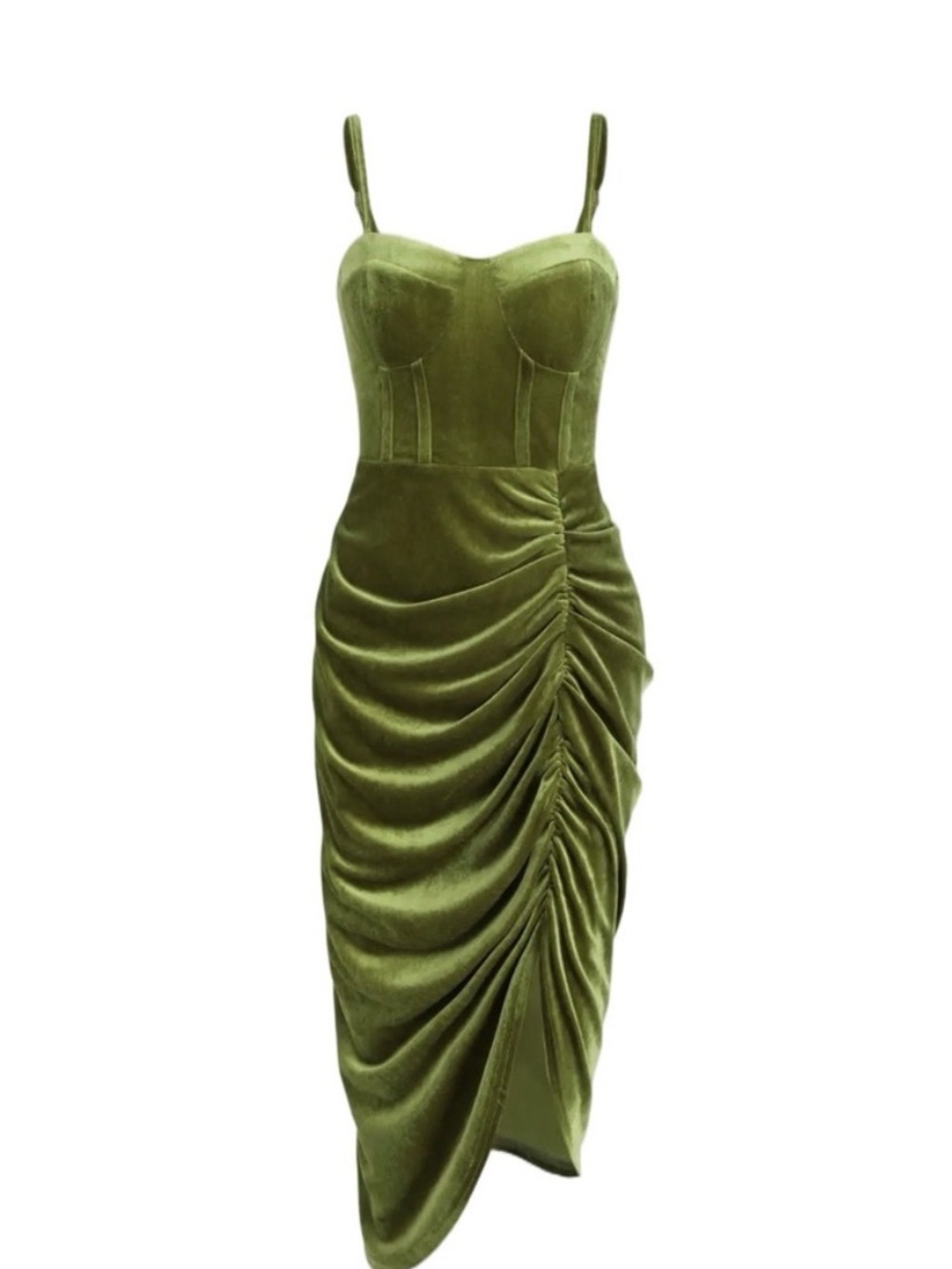 Cider Olive Green Velvet Ruched Midi Dress - Picture 2 of 6